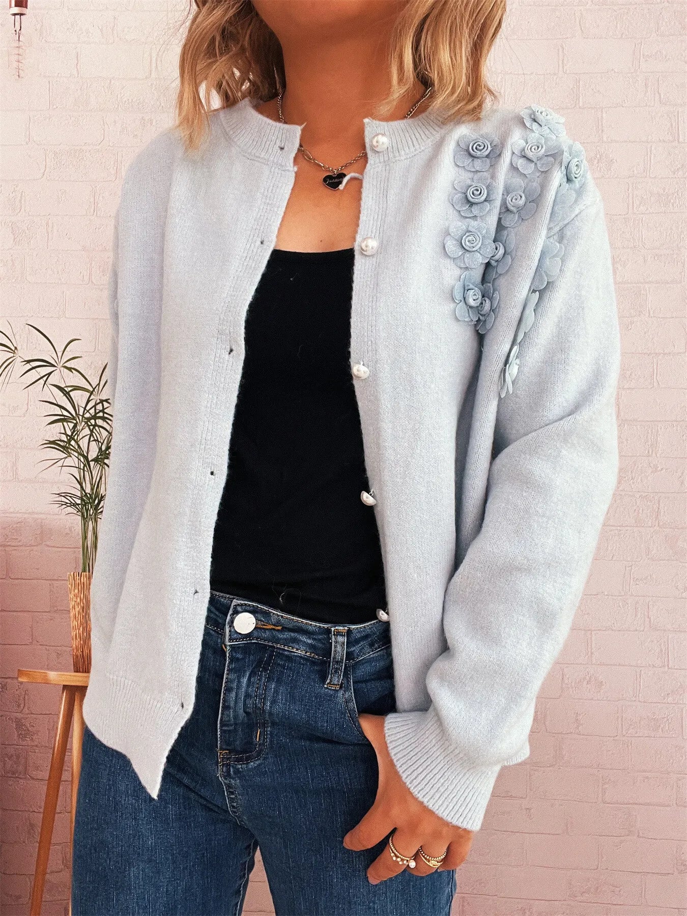 Flower Button Up Long Sleeve Cardigan