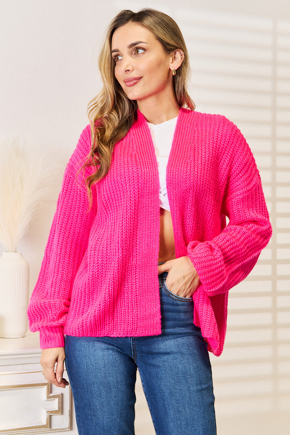 Woven Right Rib-Knit Open Front Drop Shoulder Cardigan nicholesgifts