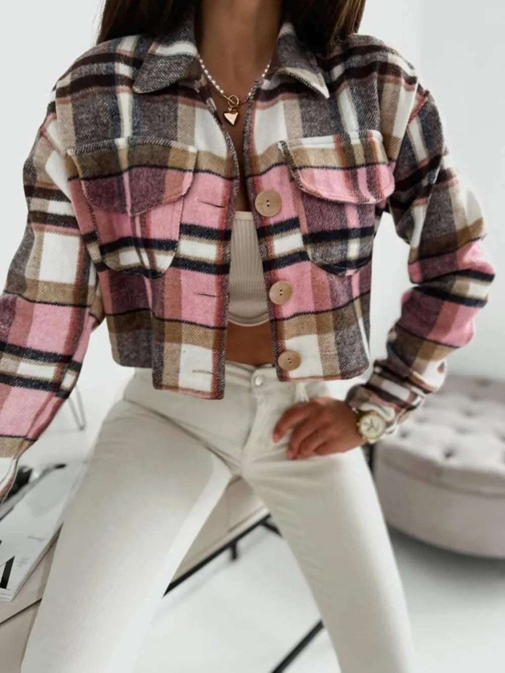 Pocketed Collared Neck Long Sleeve Plaid Jacket Trendsi