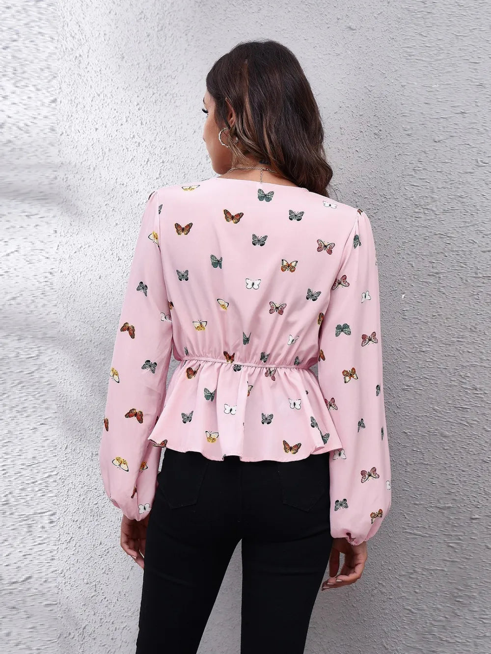 Butterfly V-Neck Balloon Sleeve Peplum Blouse nicholesgifts