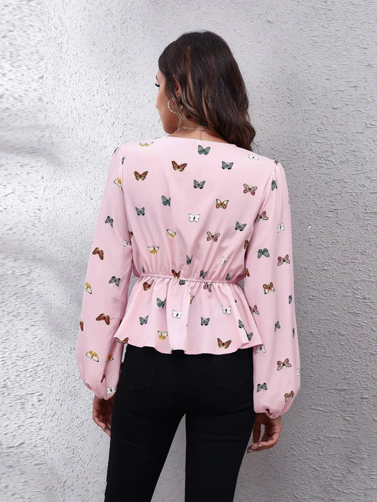 Butterfly V-Neck Balloon Sleeve Peplum Blouse nicholesgifts