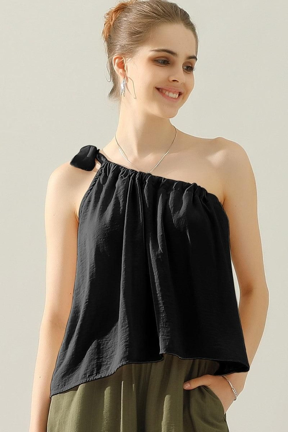 Ninexis One Shoulder Bow Tie Strap Satin Silk Top nicholesgifts