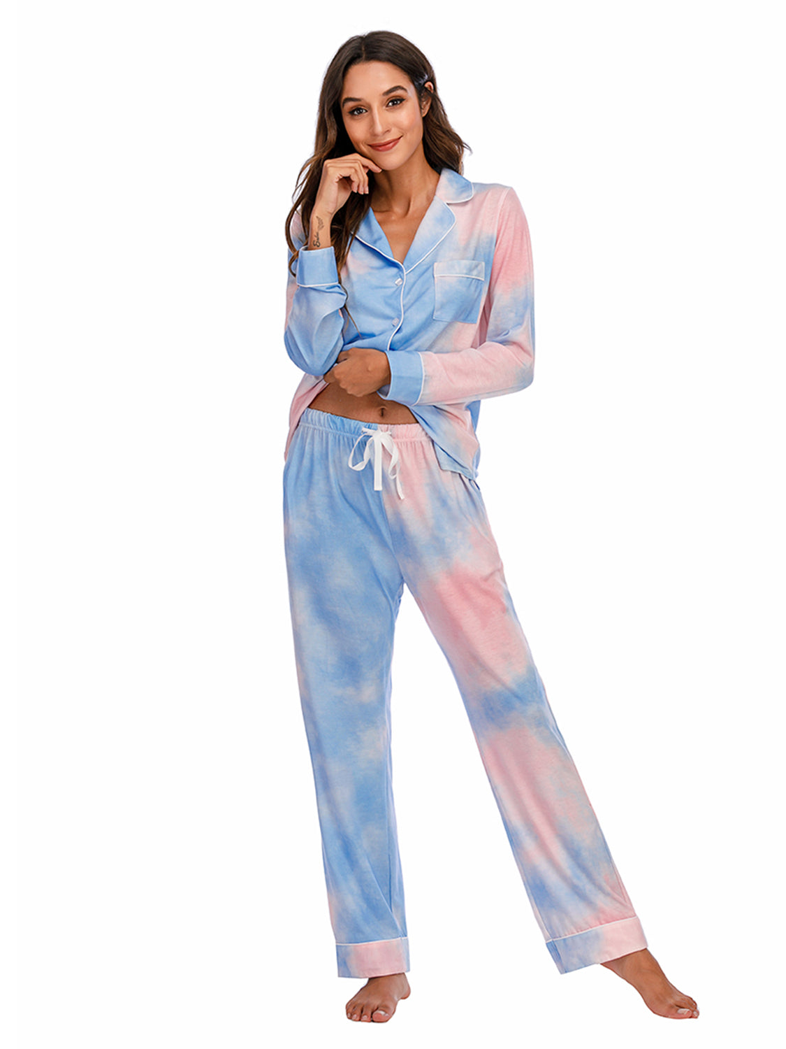 Collared Neck Long Sleeve Loungewear Set with Pockets nicholesgifts