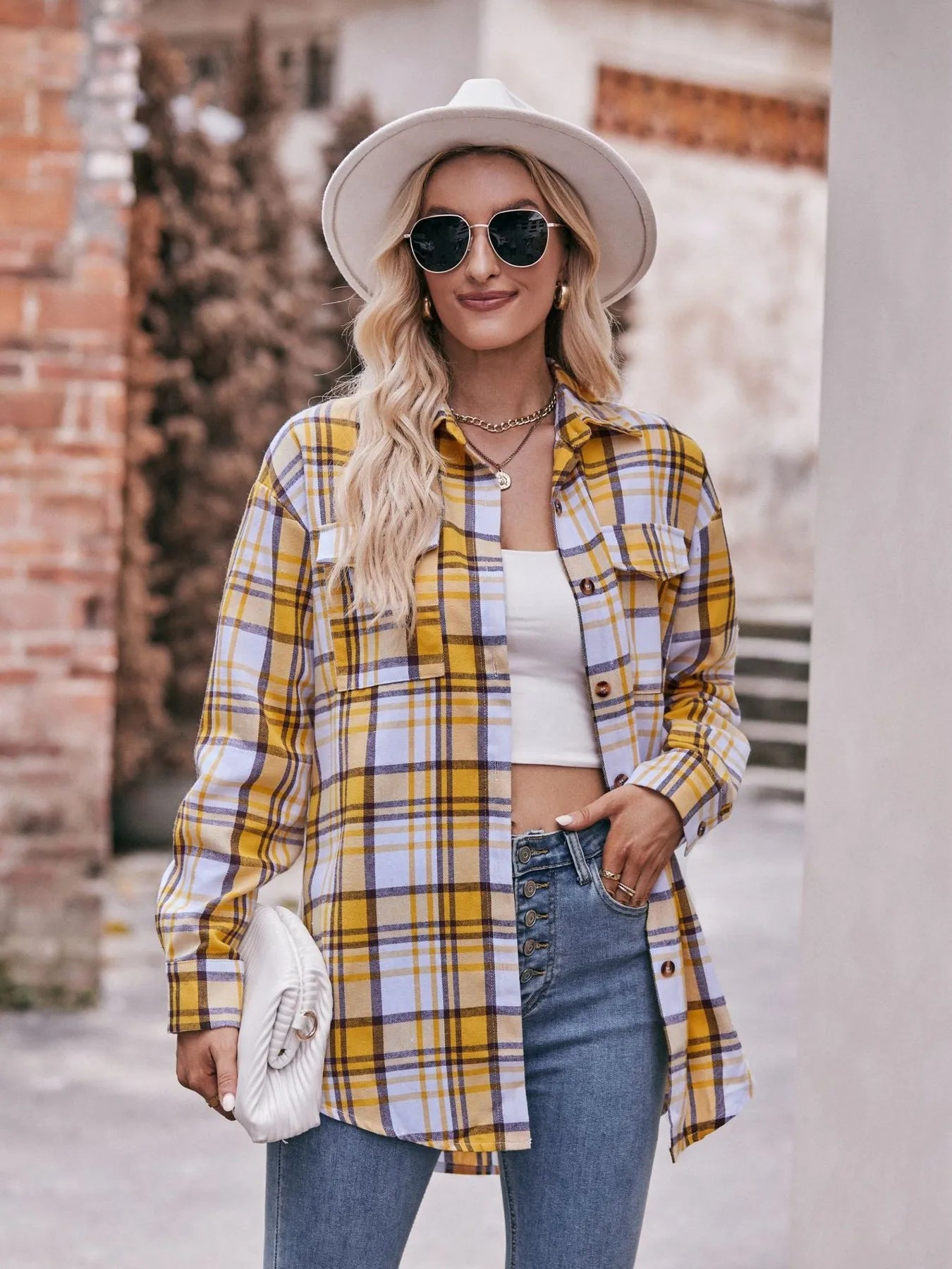 Plaid Button-Down Long Sleeve Shirt Trendsi