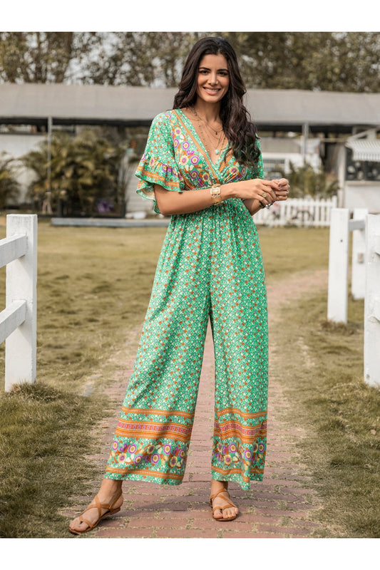 Floral Surplice Flutter Sleeve Jumpsuit