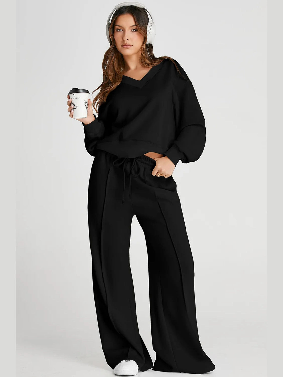 V-Neck Long Sleeve Top and Pants Active Set nicholesgifts