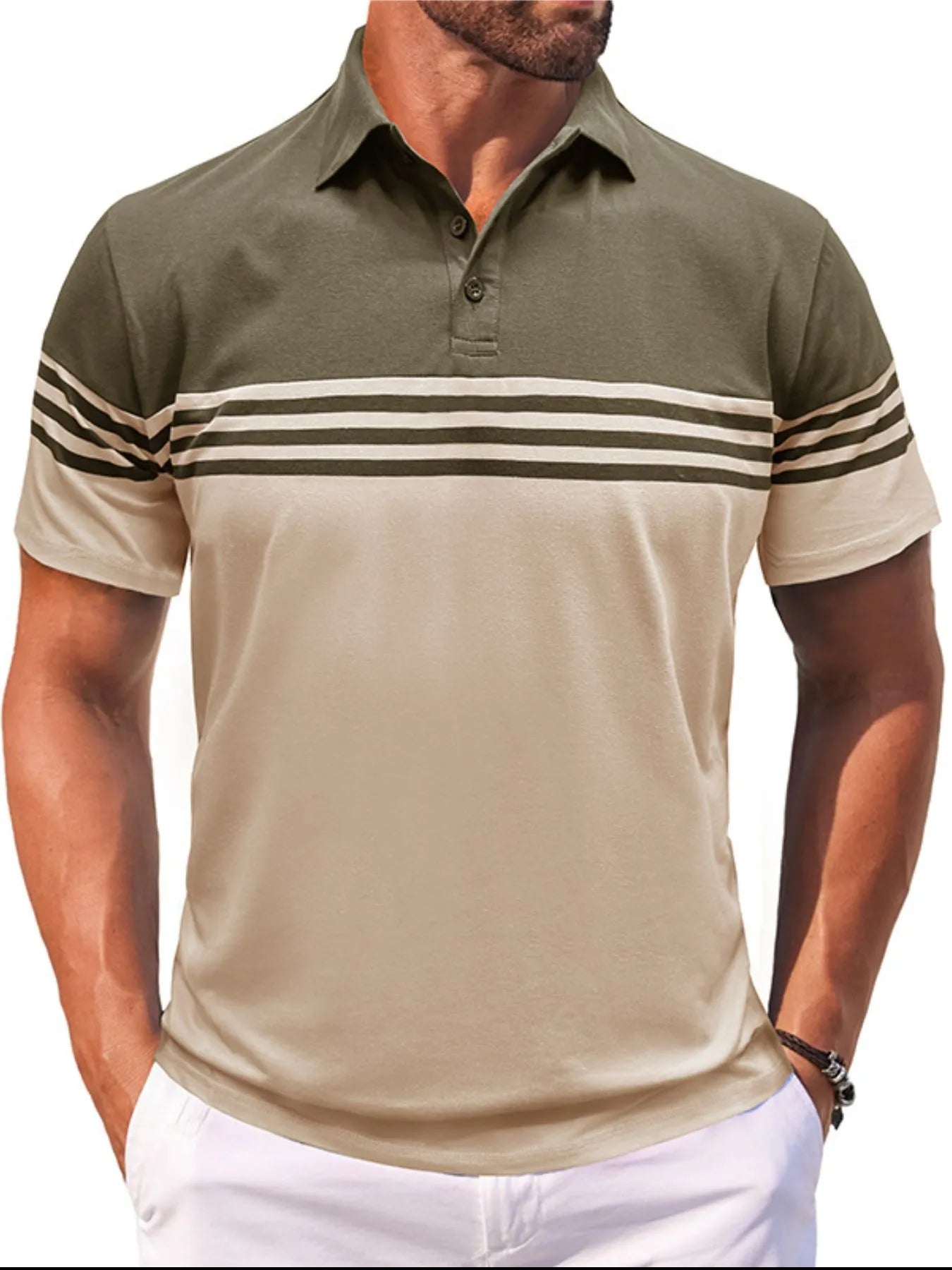 Men's Full Size Color Block Striped Polo Shirt Plus Size NicholesGifts