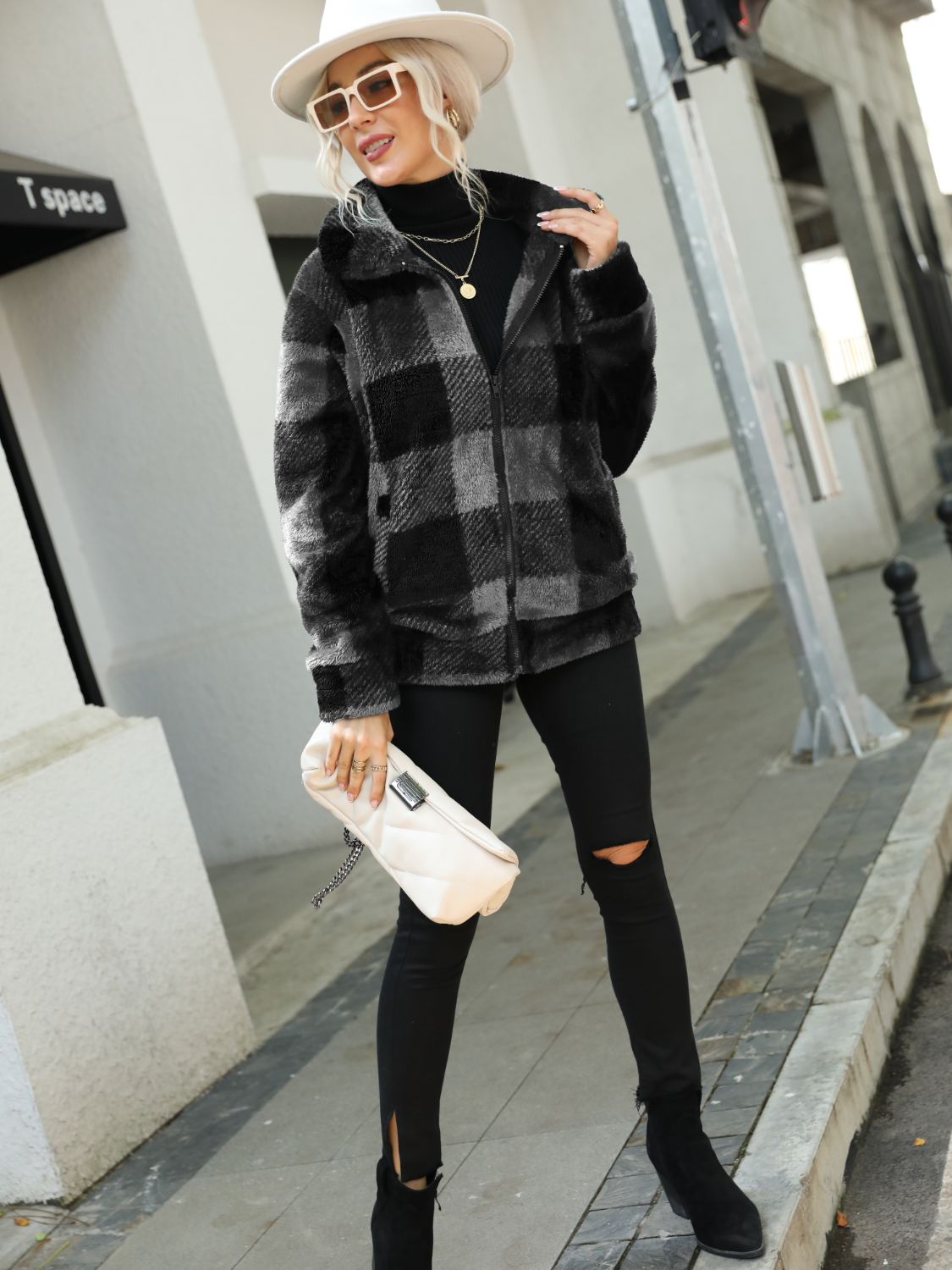 Plaid Zip-Up Collared Jacket NicholesGifts