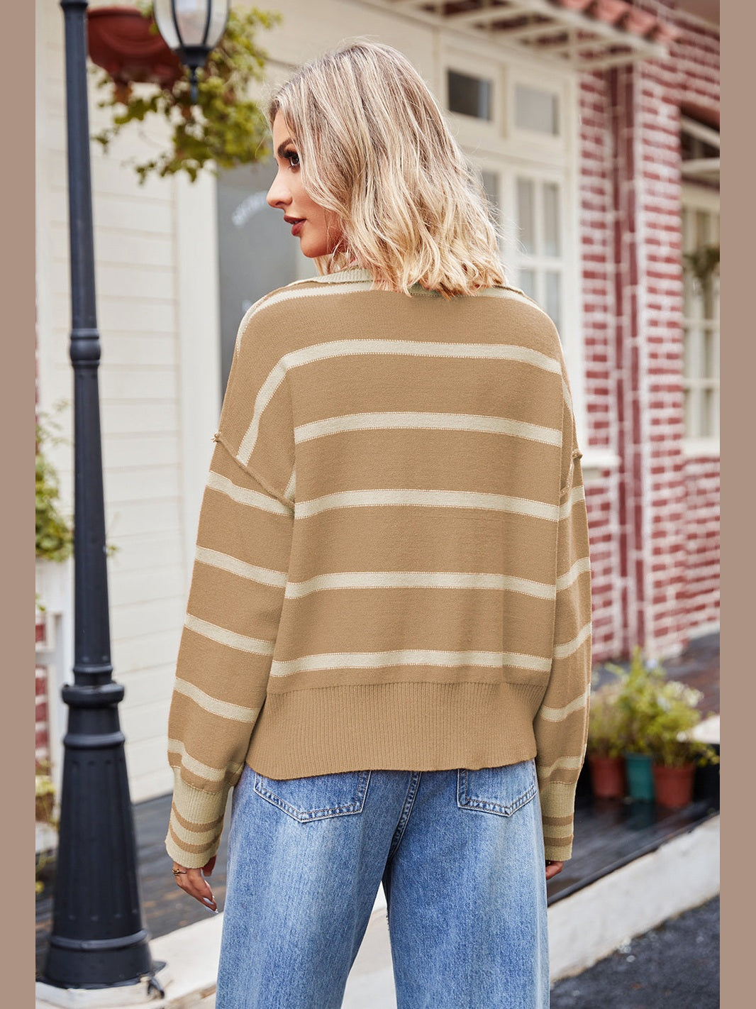 Striped Johnny Collar Sweater Trendsi
