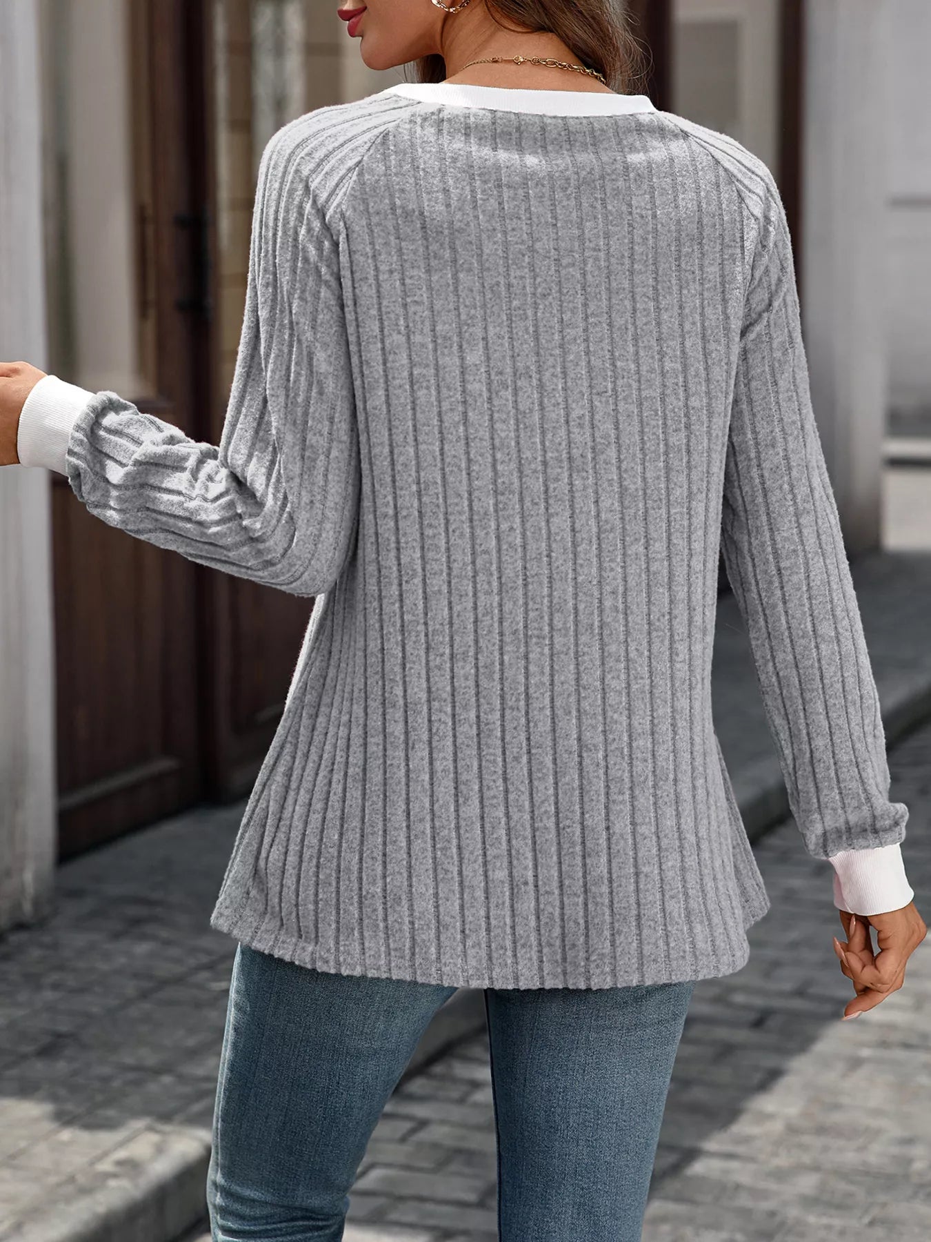 Ribbed Round Neck Raglan Sleeve Knit Top Trendsi