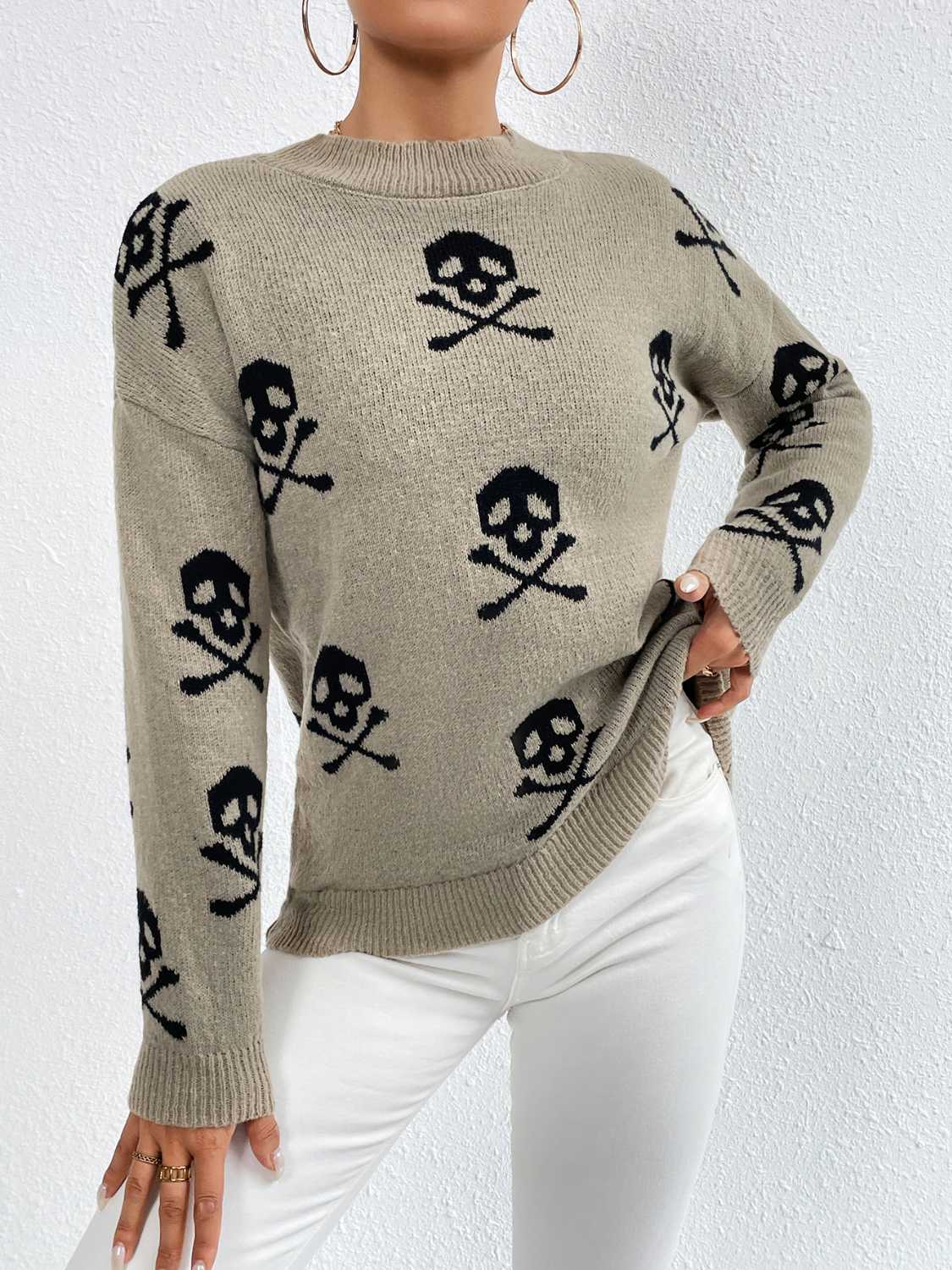Patterned Drop Shoulder Sweater Trendsi