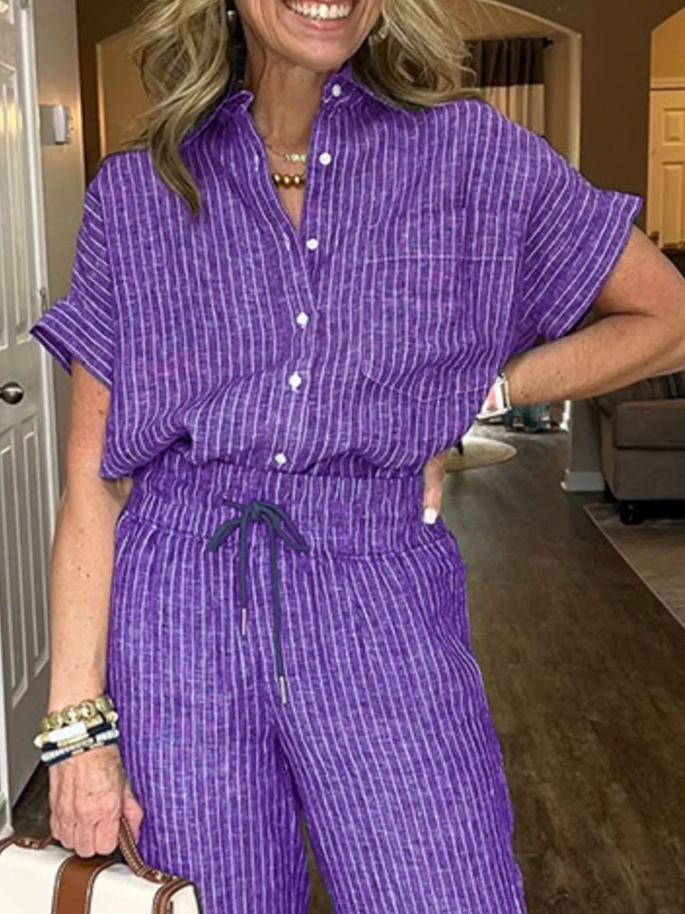Full Size Striped Button-Up Shirt and Wide Leg Pants Casual Set Plus Size Trendsi