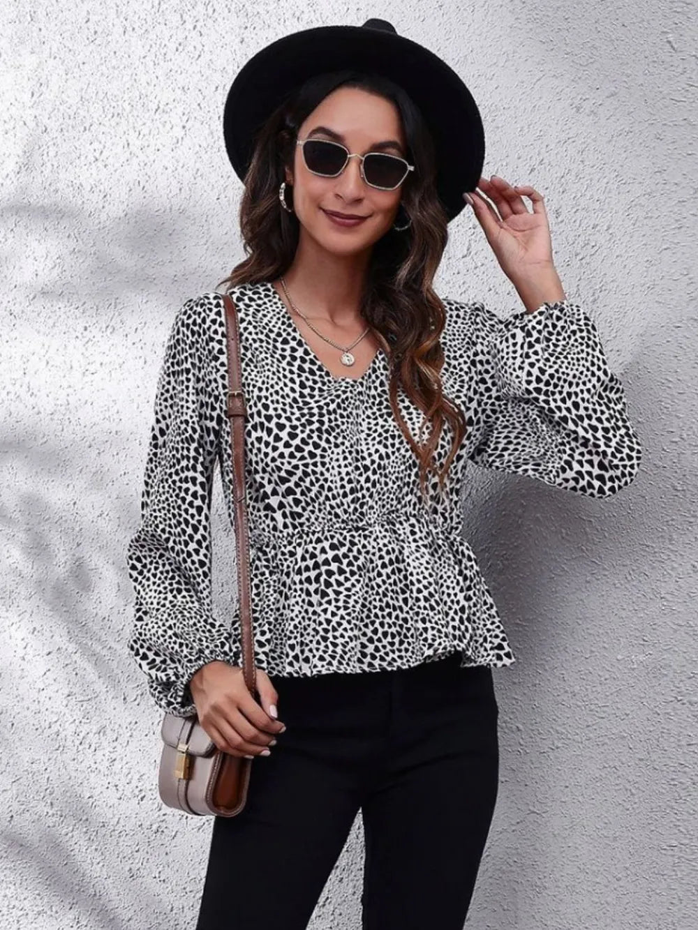 Ruched Printed V-Neck Long Sleeve Blouse nicholesgifts