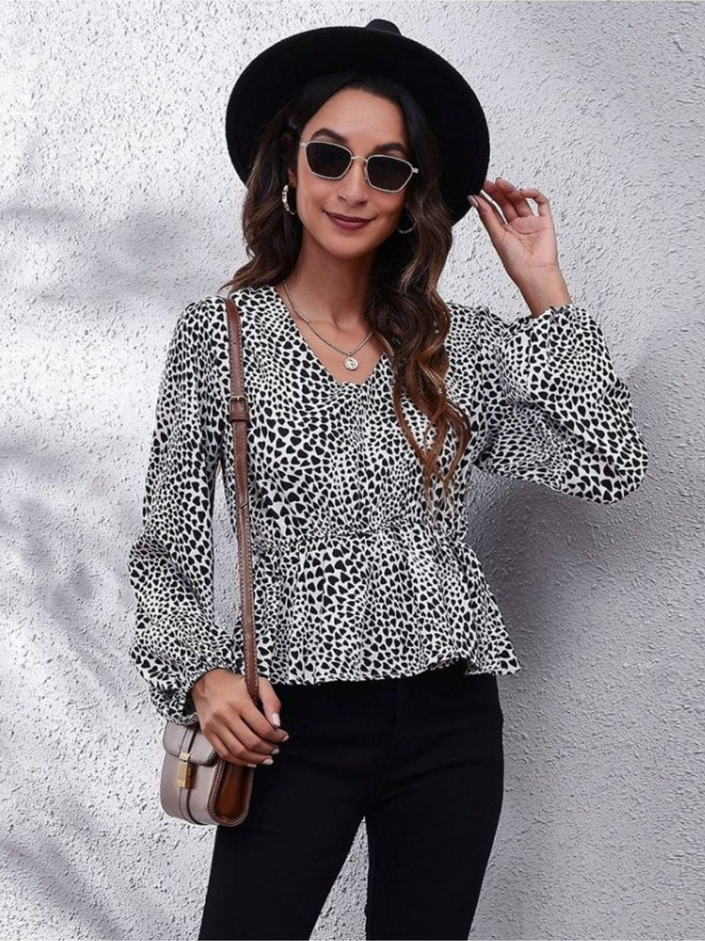 Women Ruched Printed V-Neck Long Sleeve Blouse nicholesgifts