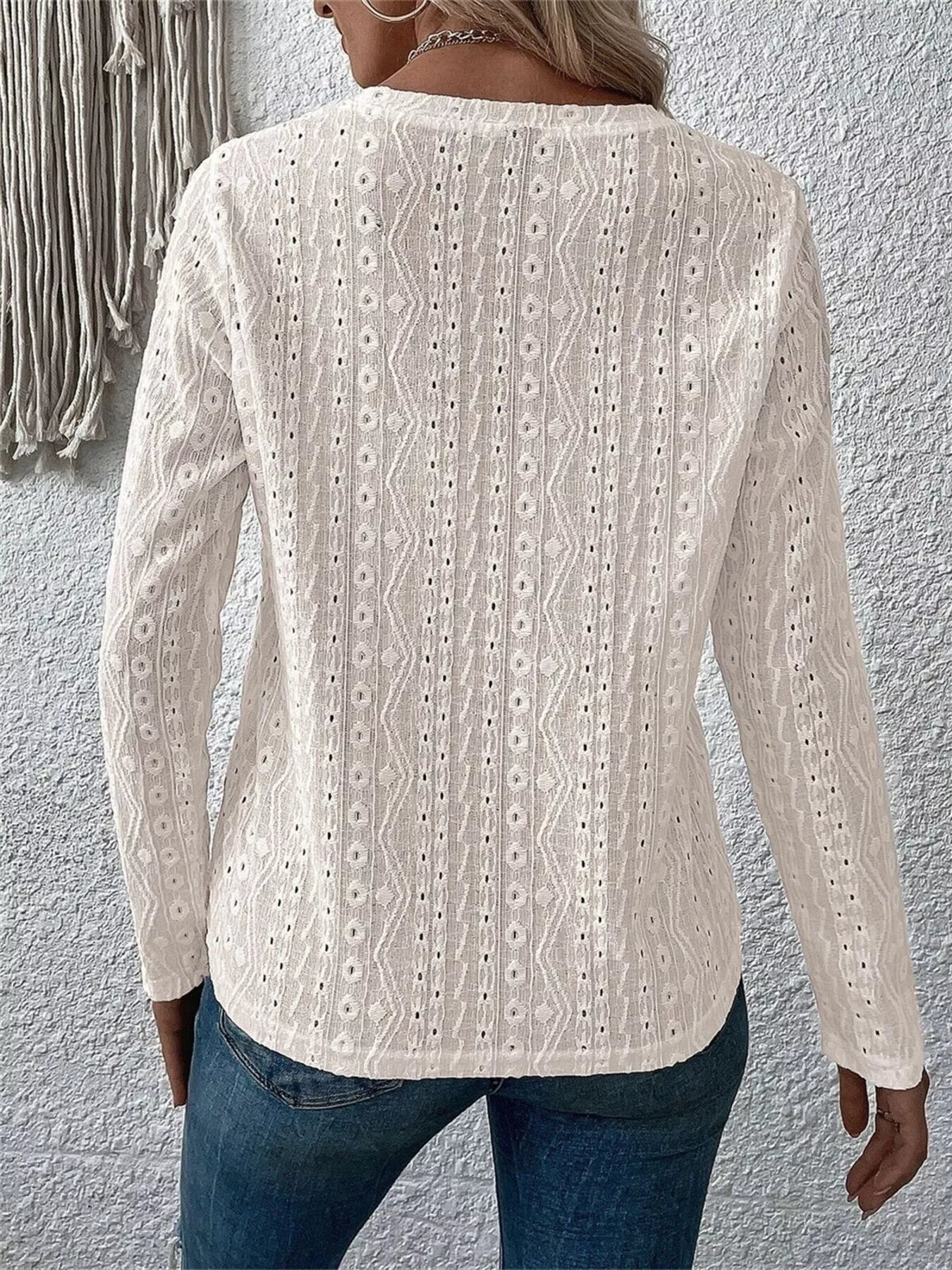 Full Size Eyelet Round Neck Long Sleeve Blouse Plus Size Trendsi