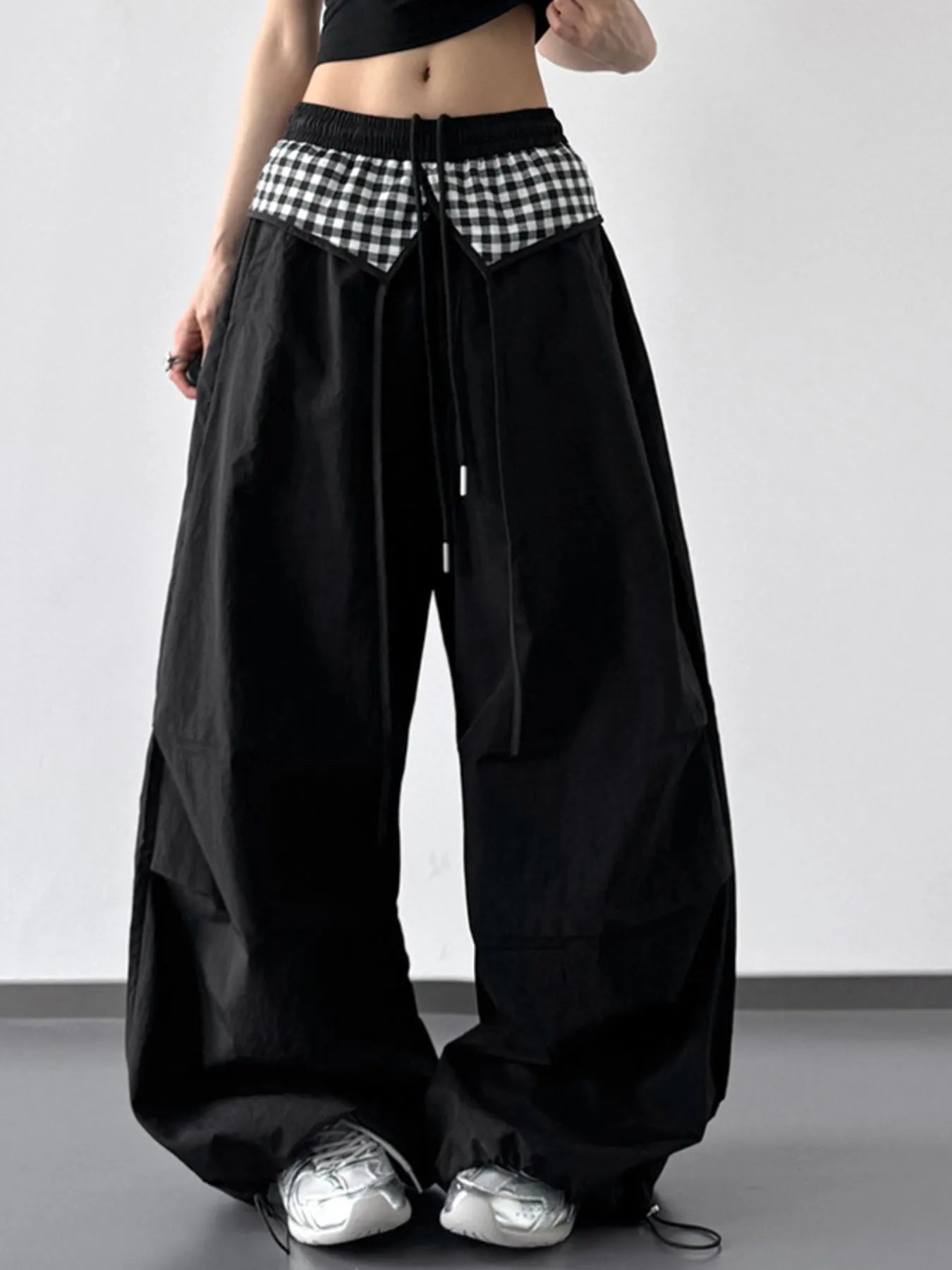 Wide Leg Pants with Checkered Detail Trendsi