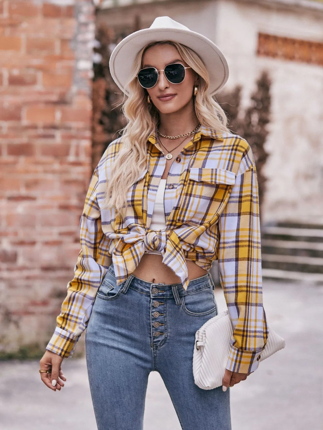 Plaid Button-Down Long Sleeve Shirt Trendsi