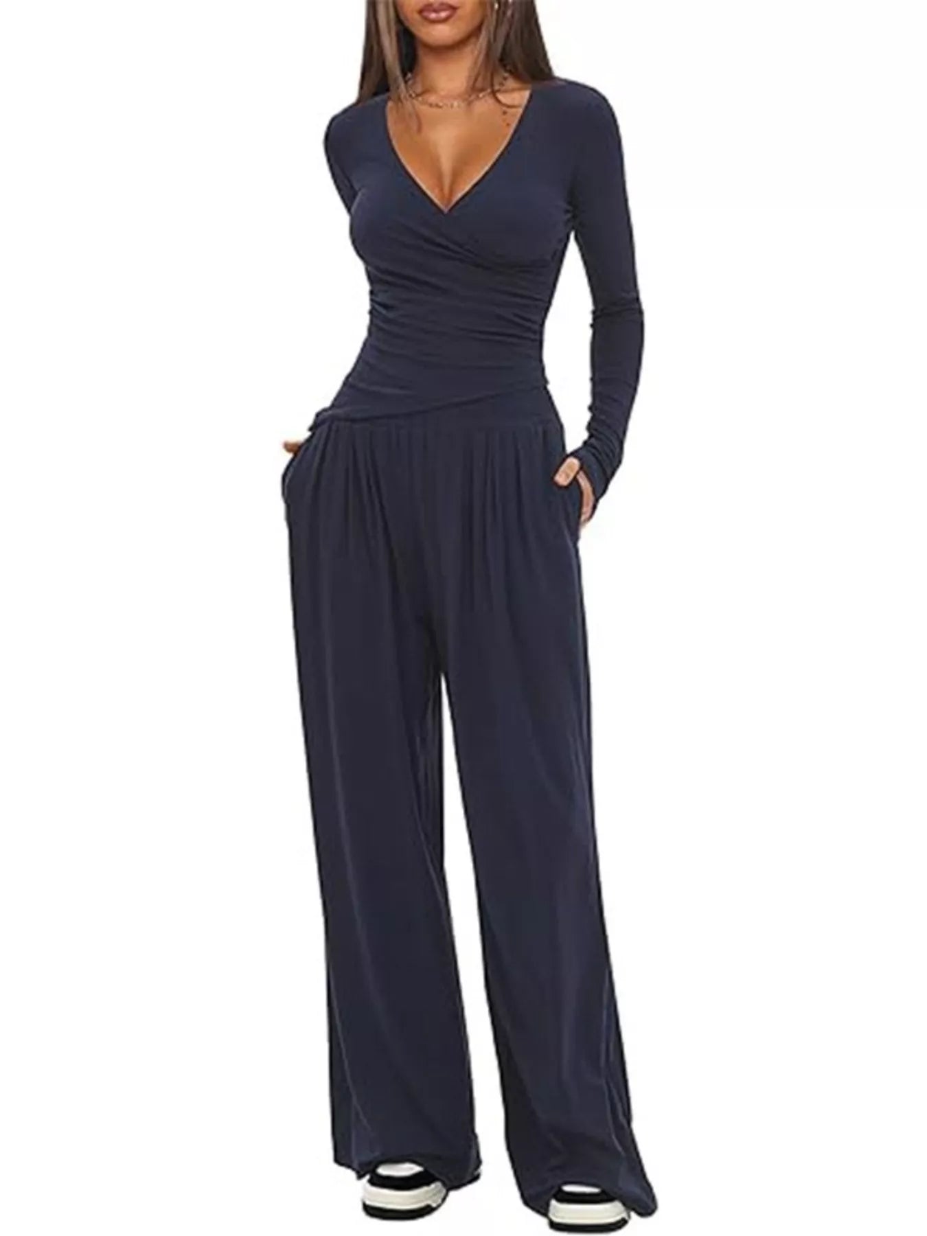 Casual Long Sleeve Top and Wide Leg Pants Set nicholesgifts