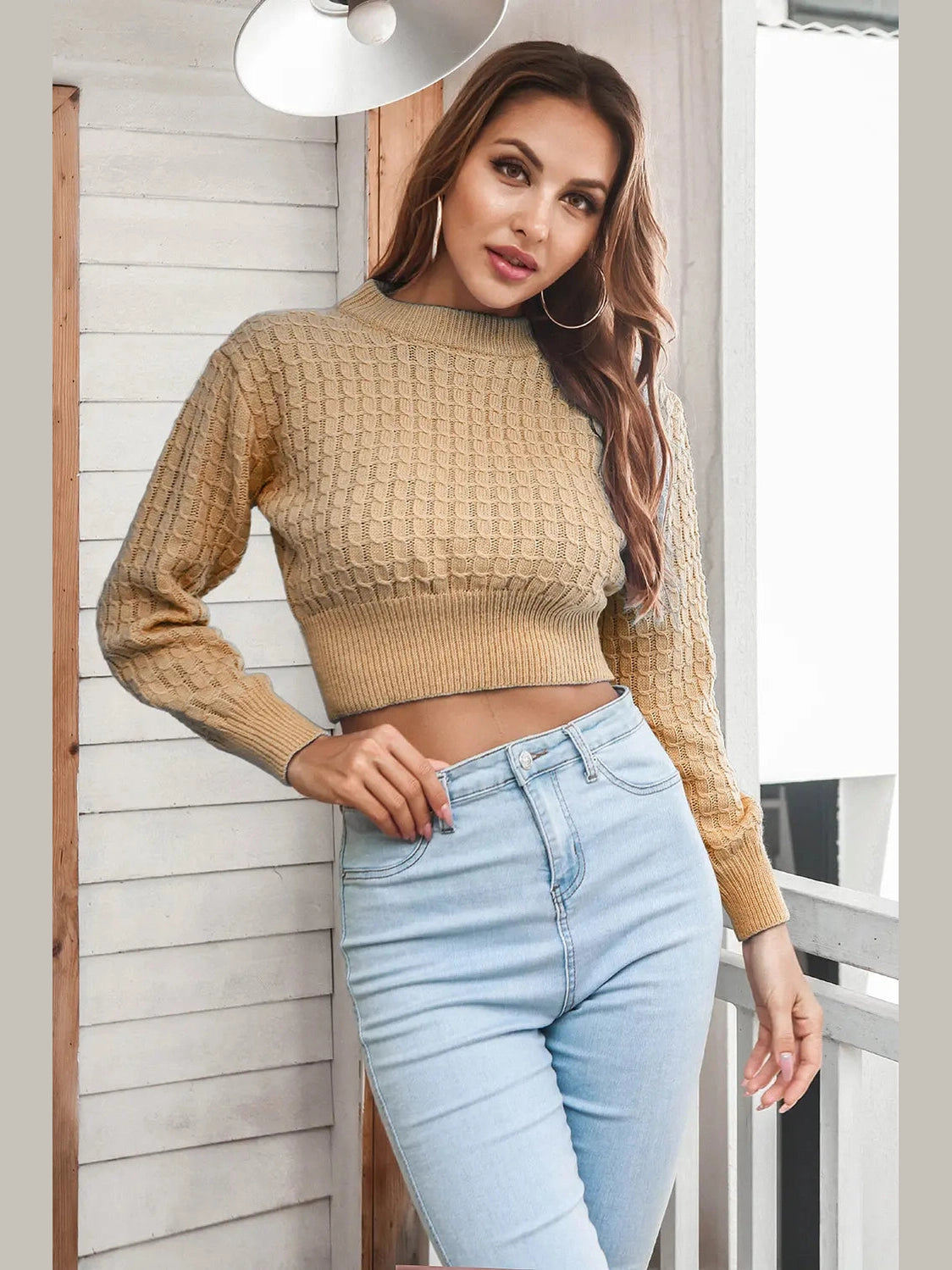 Round Neck Long Sleeve Cropped Sweater Trendsi