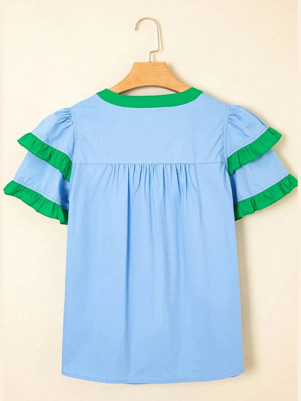 Contrast Notched Neck Frilly Detail Short Sleeve Blouse NicholesGifts