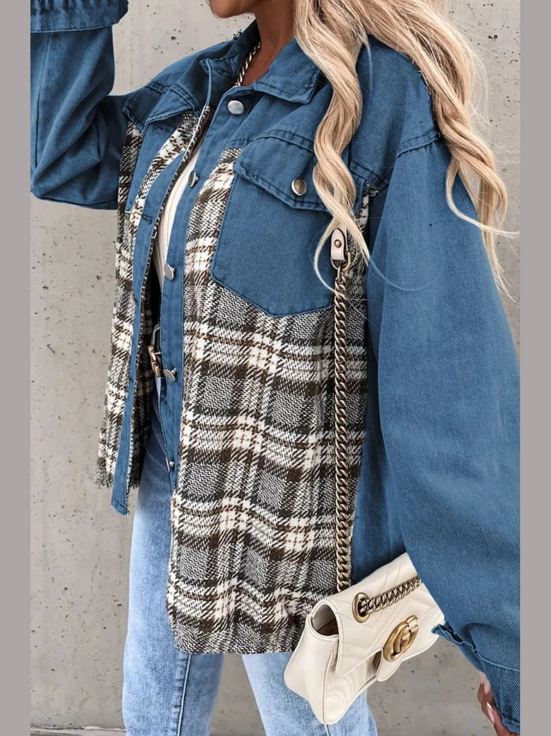Plaid Pocketed Button Up Denim Jacket nicholesgifts