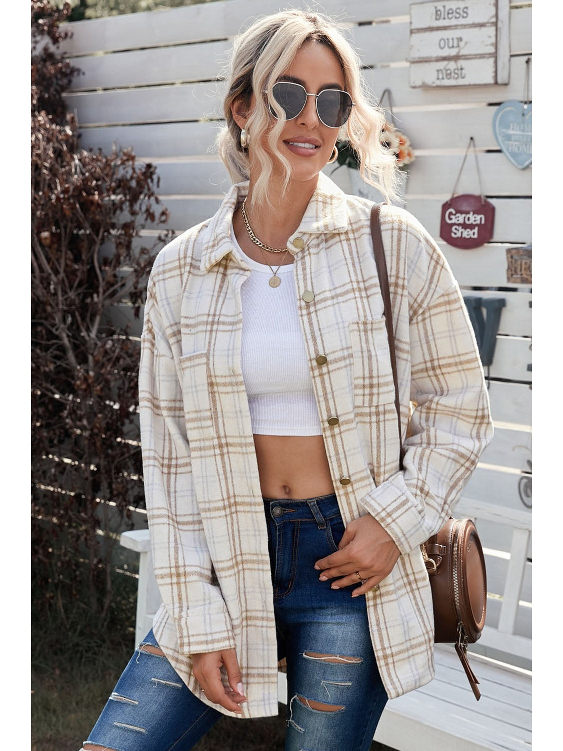 Plaid Curved Hem Dropped Shoulder Longline Shirt Jacket nicholesgifts