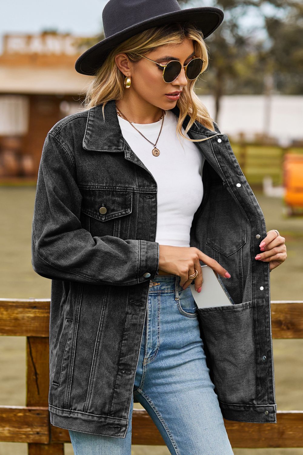 Buttoned Collared Neck Denim Jacket with Pockets Trendsi