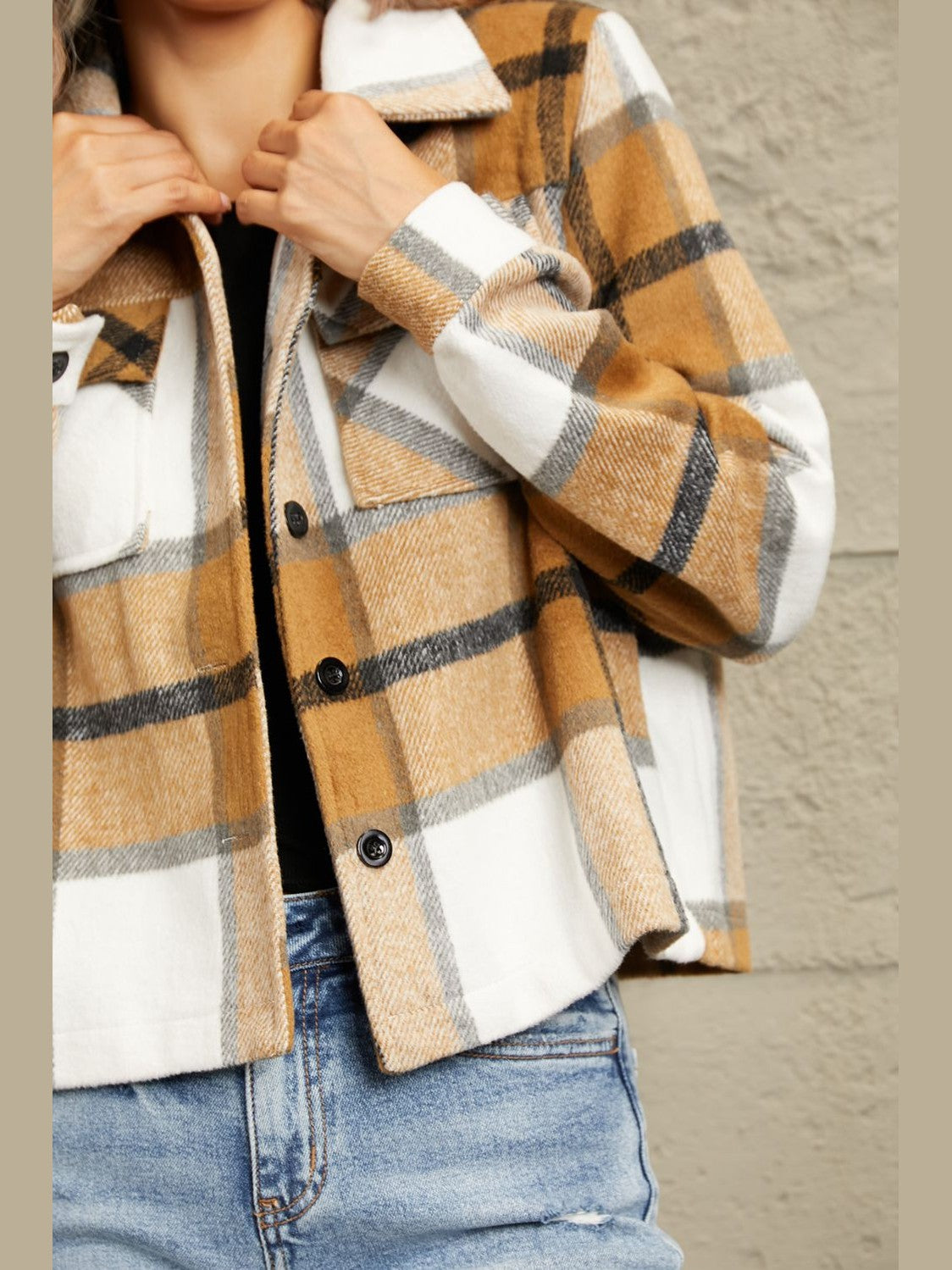 Plaid Collared Neck Jacket with Breast Pockets nicholesgifts