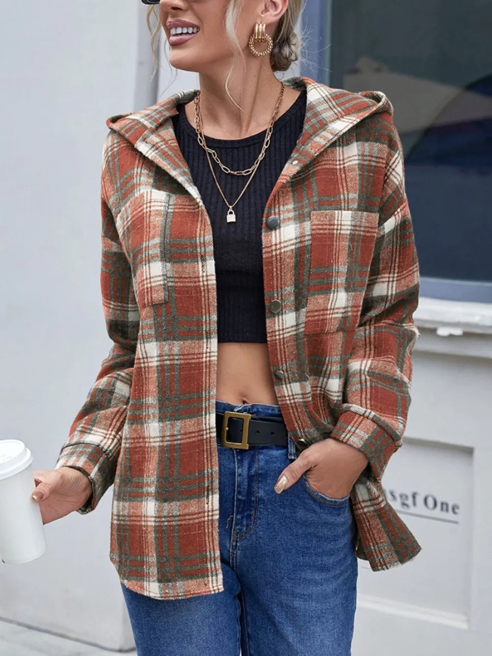 Ivy Lane Plaid Button Up Long Sleeve Hooded Jacket nicholesgifts