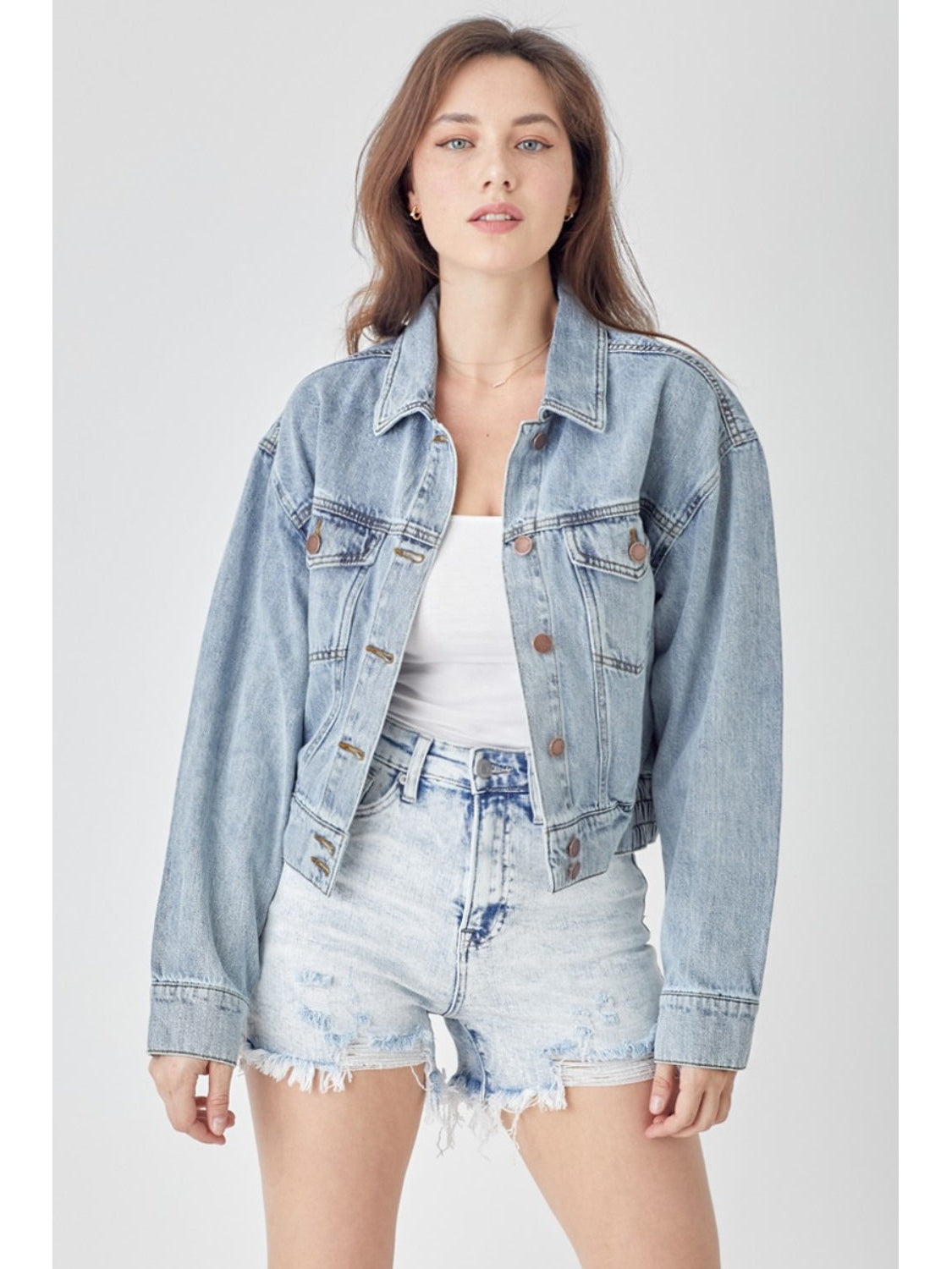 RISEN Full Size Button Down Cropped Denim Jacket nicholesgifts