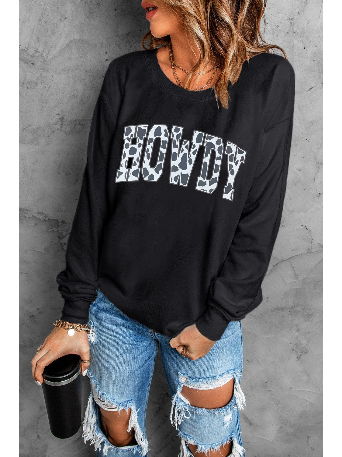 Women Round Neck Long Sleeve Howdy Graphic Sweatshirt nicholesgifts