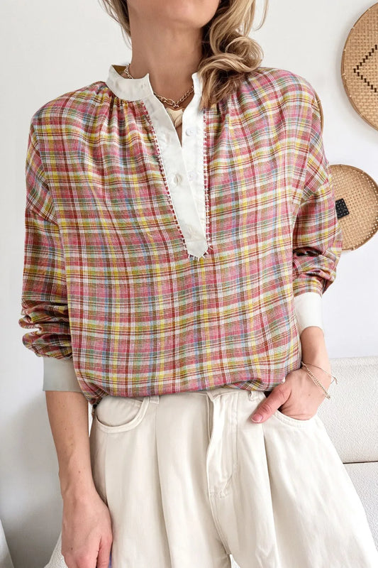 Mulit-Color Plaid Round Neck Long Sleeve Blouse Trendsi
