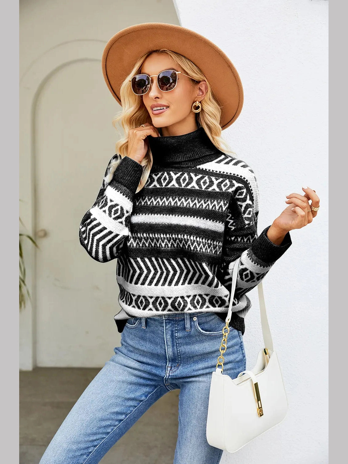 Geometric Turtleneck Long Sleeve Sweater Trendsi