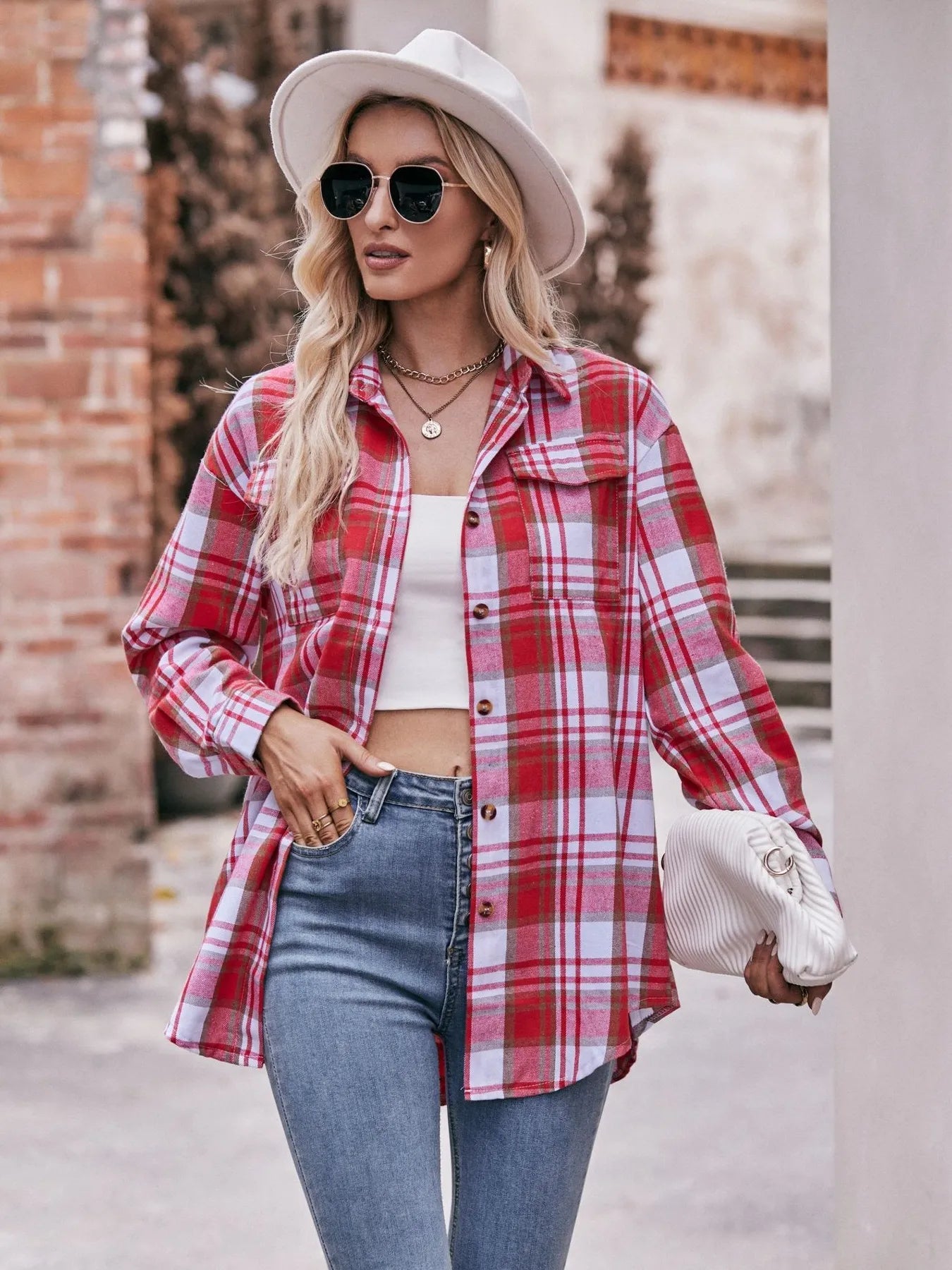 Plaid Button-Down Long Sleeve Shirt Trendsi