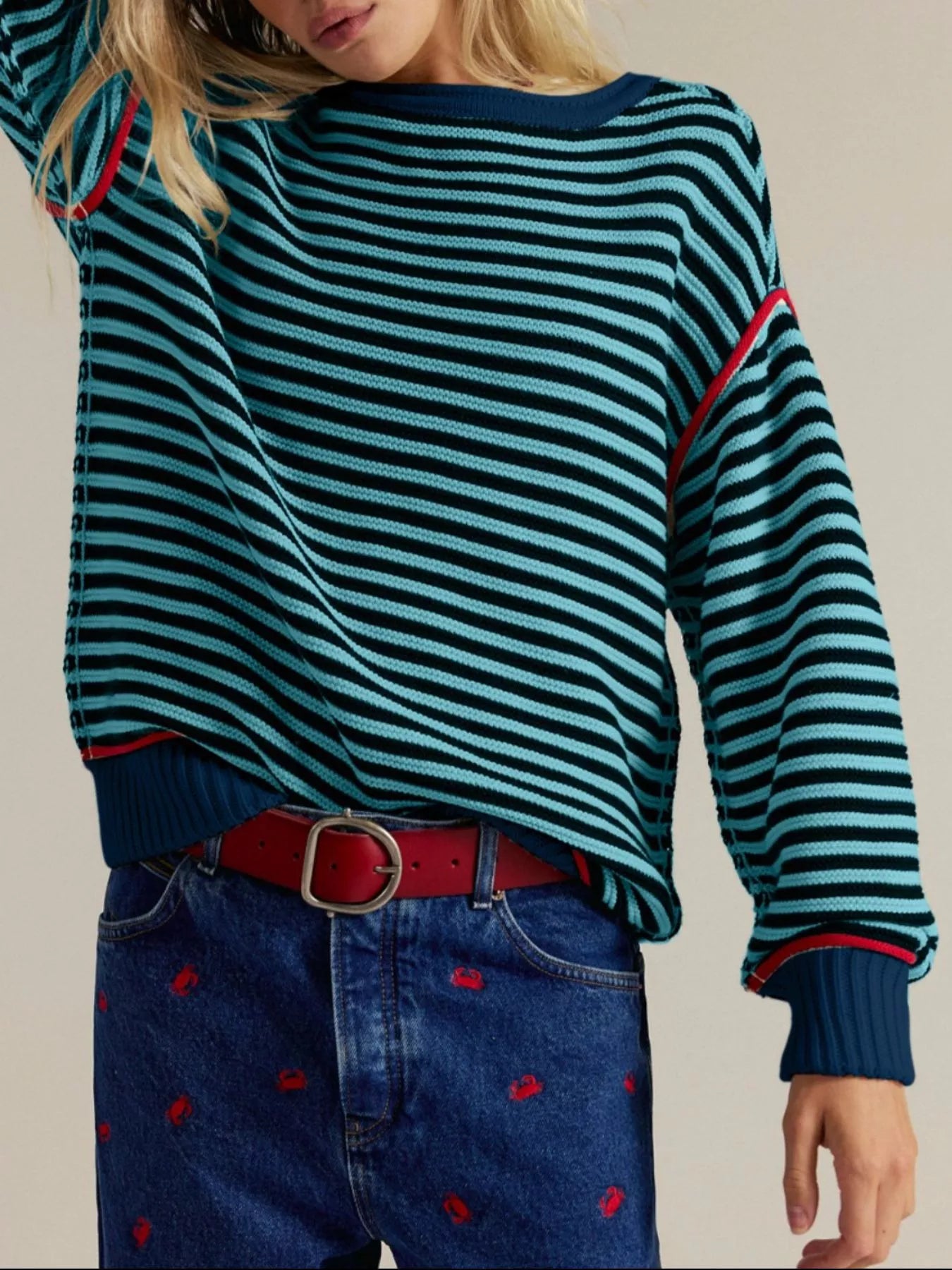 Striped Round Neck Long Sleeve Sweater Trendsi
