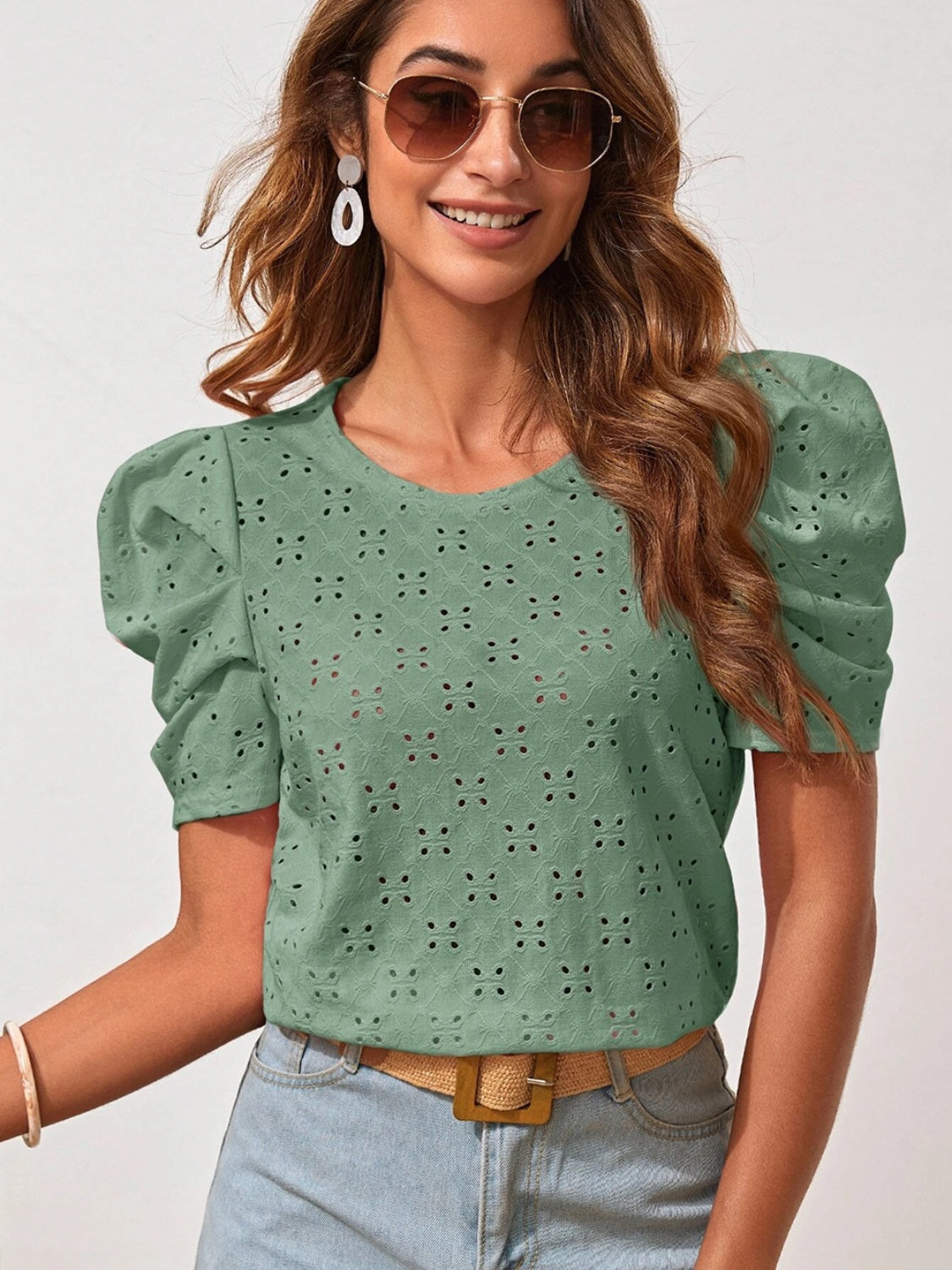 Eyelet Round Neck Puff Sleeve Blouse nicholesgifts