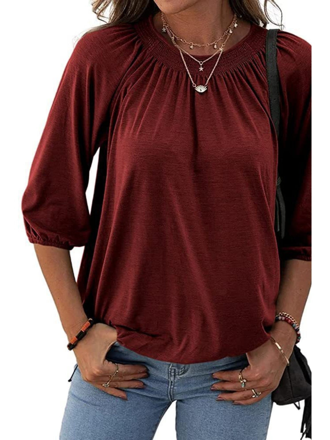 Gathered Detail Round Neck T-Shirt