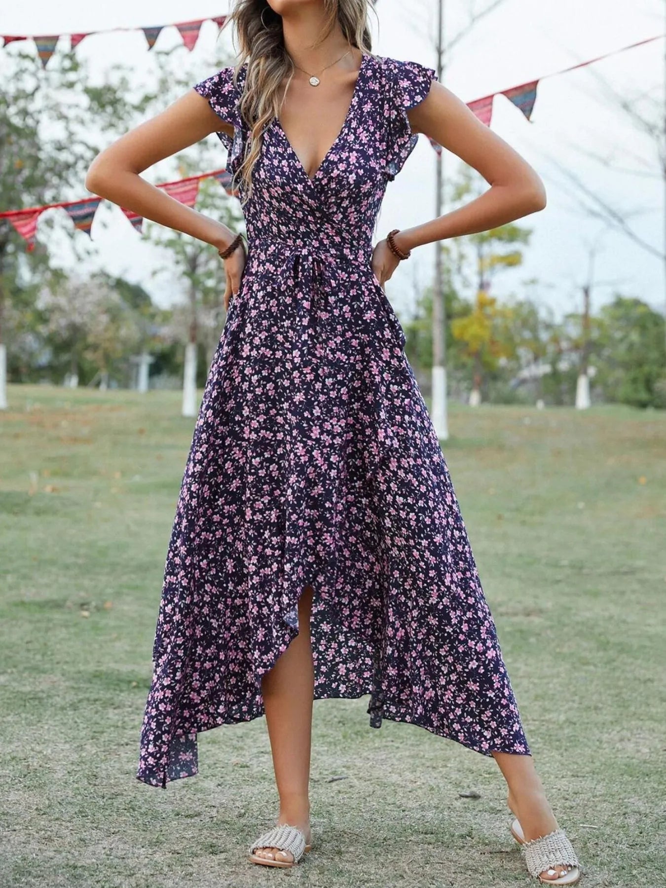 Printed Surplice Ruffle Sleeve Dress NicholesGifts