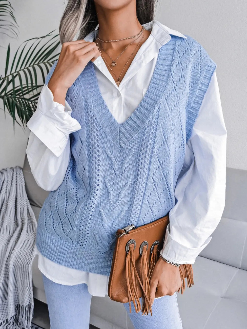 Openwork V-Neck Sweater Vest nicholesgifts