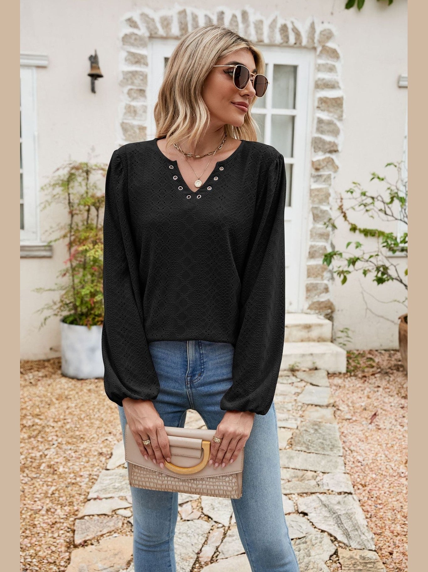 Eyelet Notched Neck Balloon Sleeve Blouse