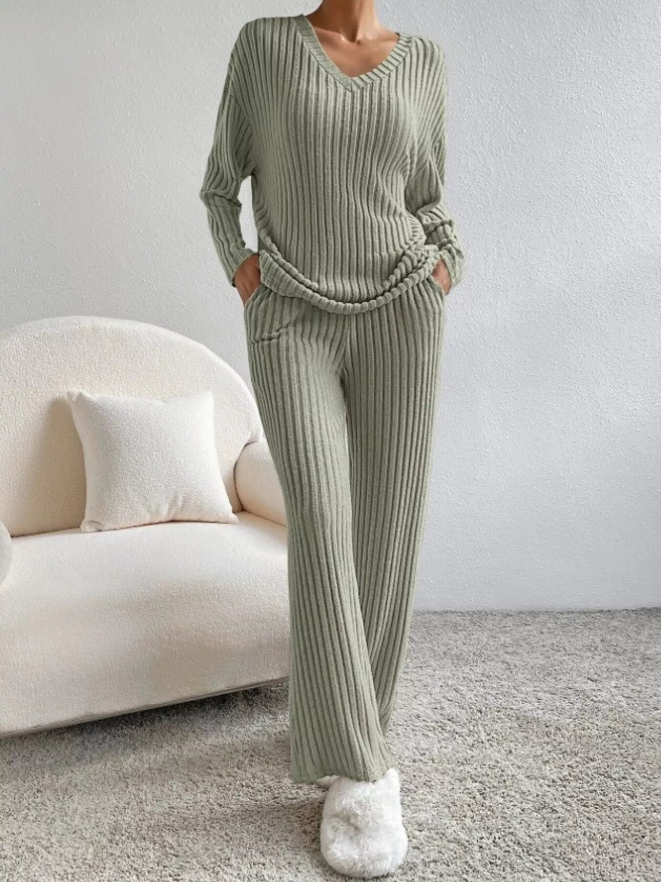 Ribbed Knit V-Neck Top and Pants Set nicholesgifts