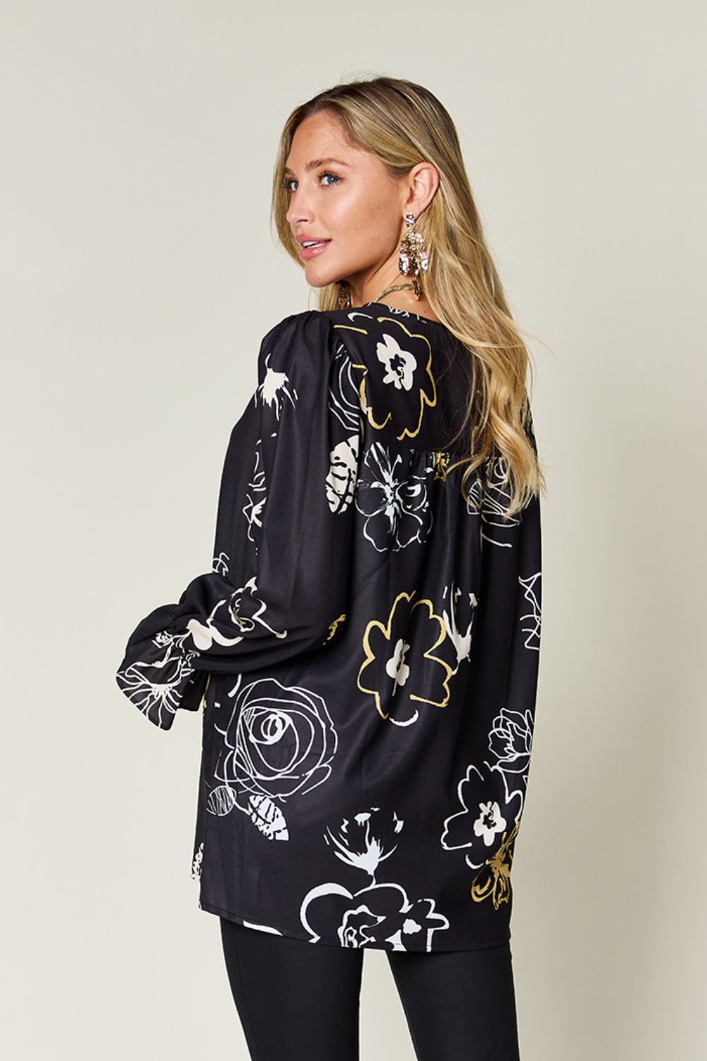 Women Double Take Full Size Printed Flounce Sleeve Blouse NicholesGifts