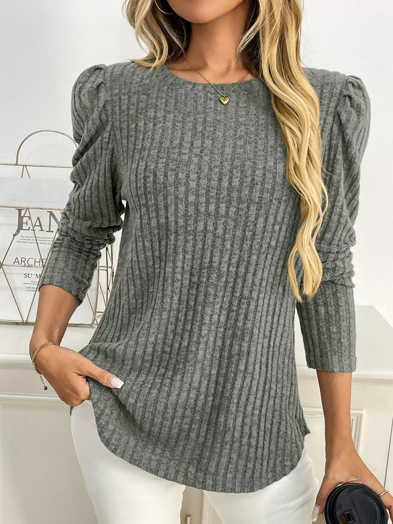 Round Neck Puff Sleeve T-Shirt Trendsi