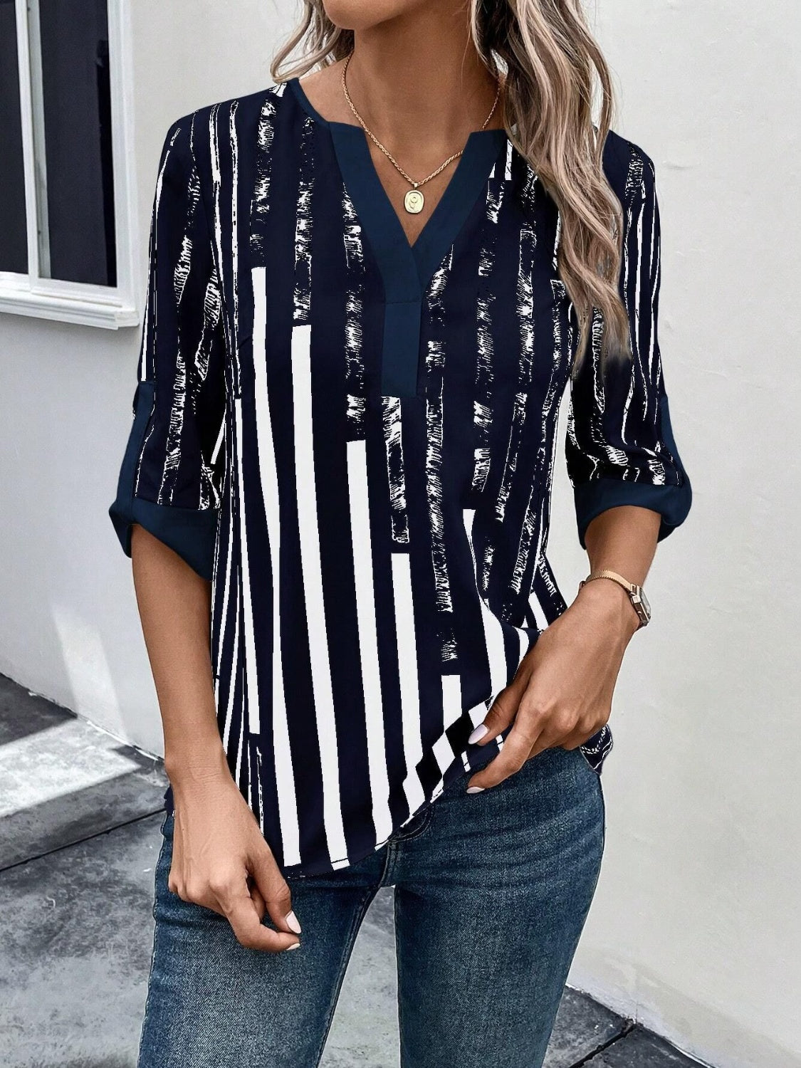 Striped Notched Half Sleeve Blouse nicholesgifts