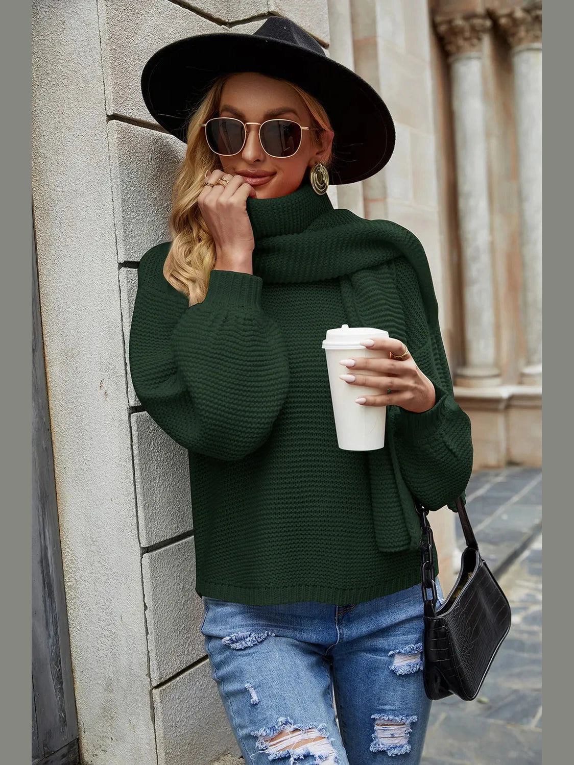 Round Neck Lantern Sleeve Sweater Trendsi