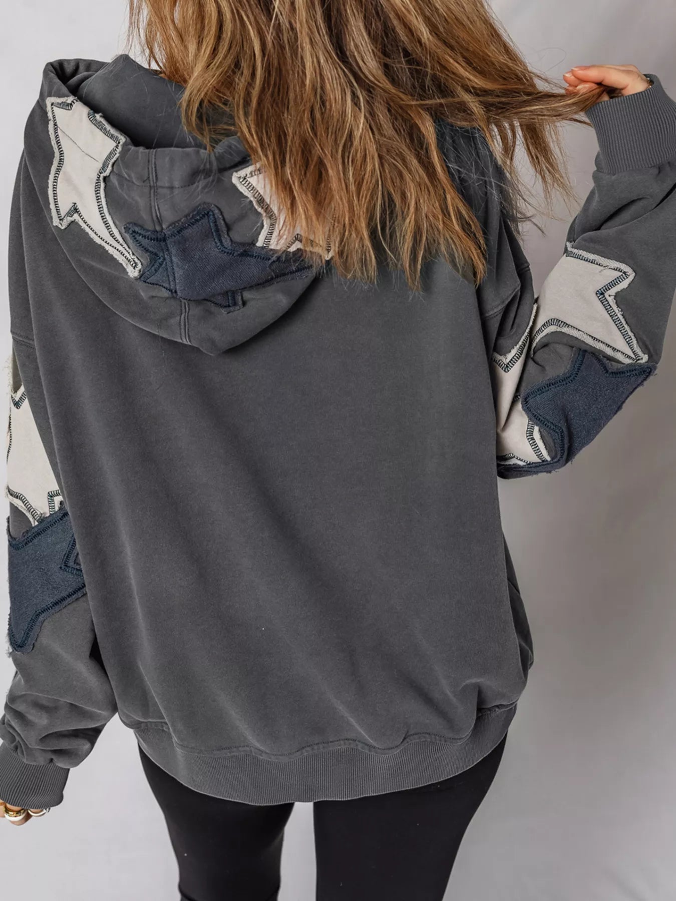 Star Patchwork Contrast Stitching Mineral Wash Kangaroo Pocket Hoodie