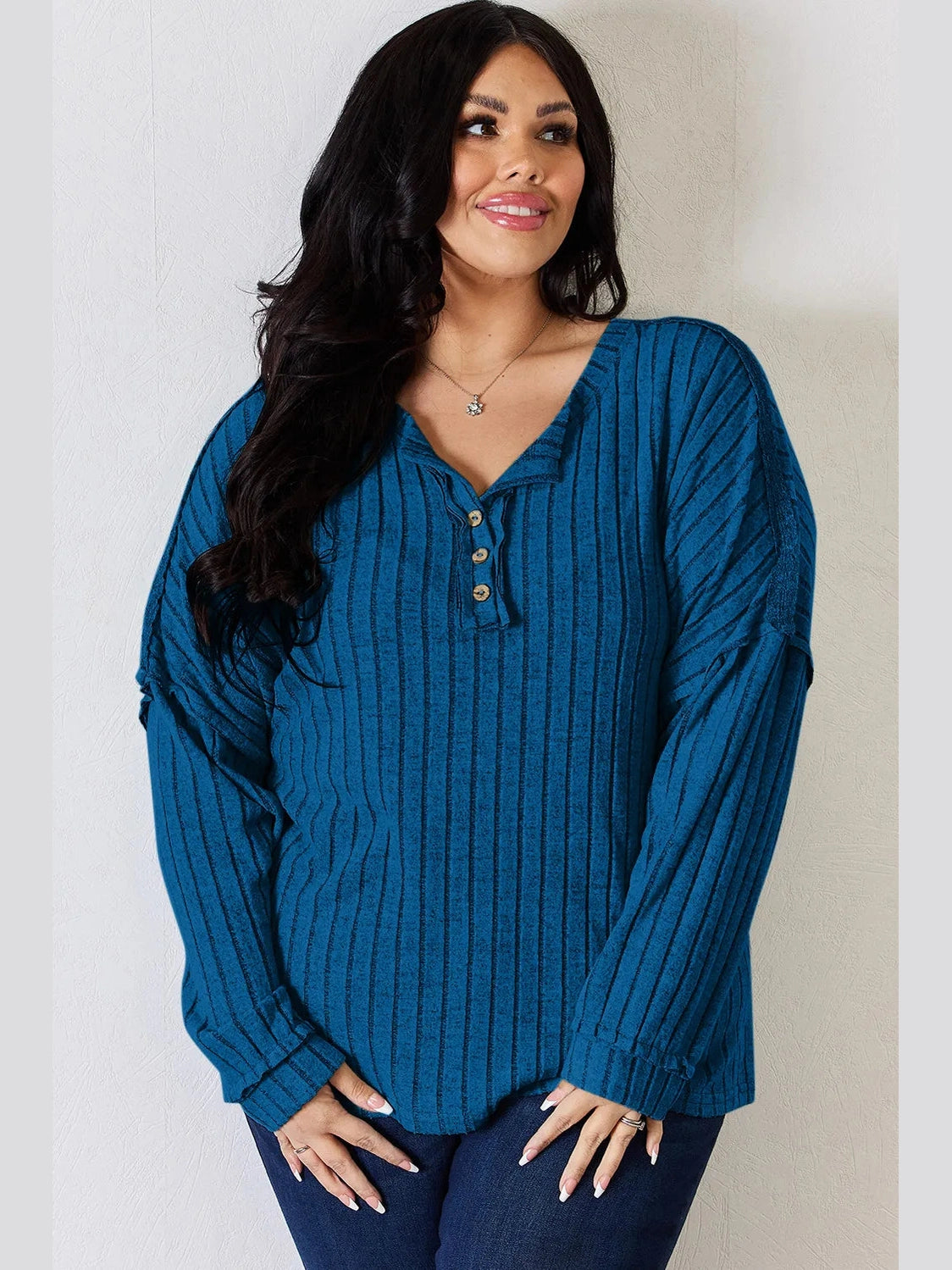 Basic Bae Full Size Ribbed Half Button Long Sleeve T-Shirt nicholesgifts