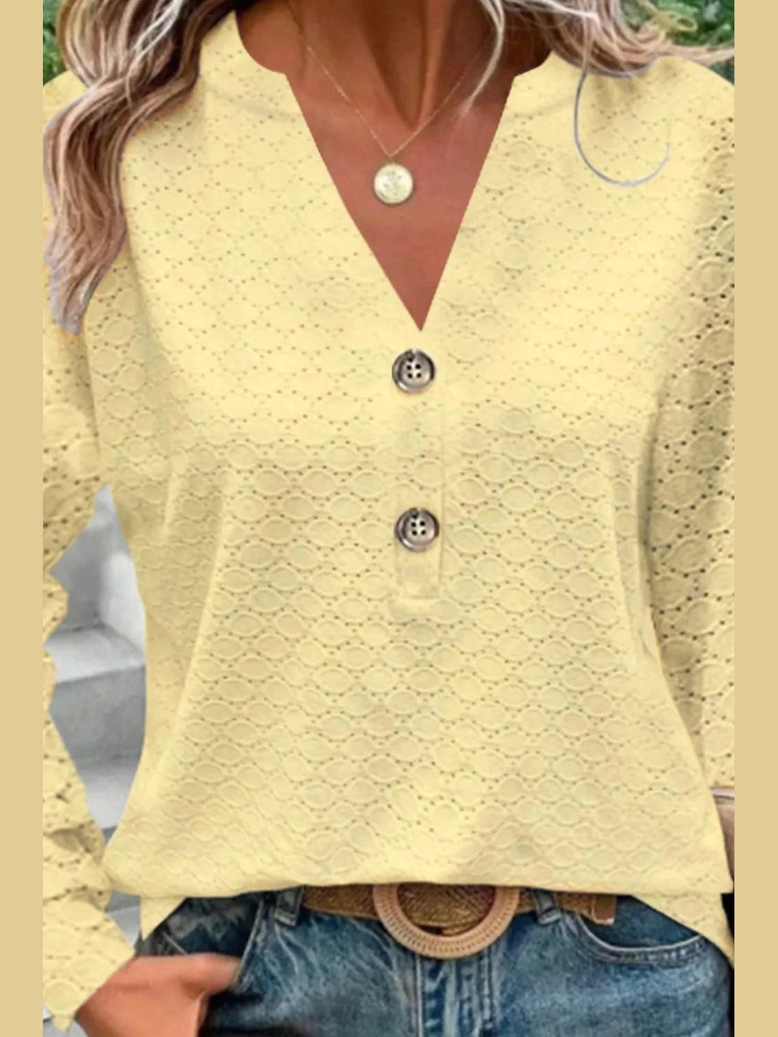 Eyelet Notched Long Sleeve T-Shirt