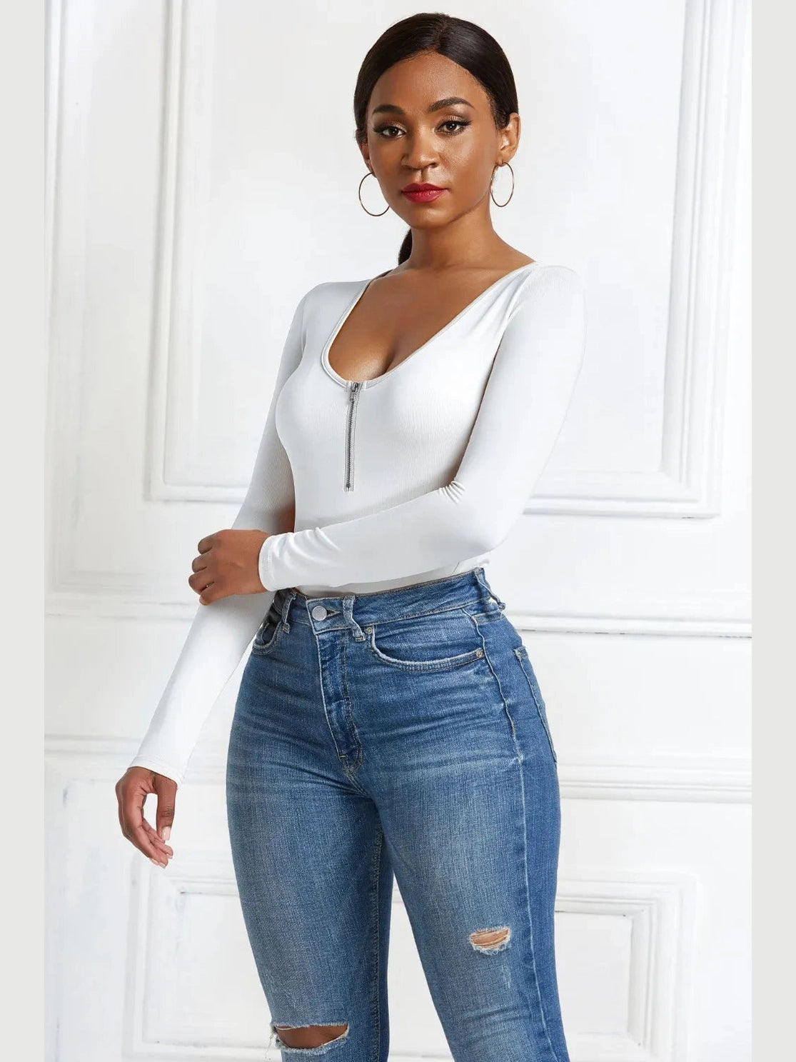 Half Zip Scoop Neck Long Sleeve Bodysuit nicholesgifts