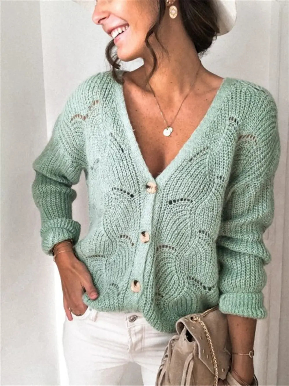 Openwork Button Up Long Sleeve Cardigan nicholesgifts